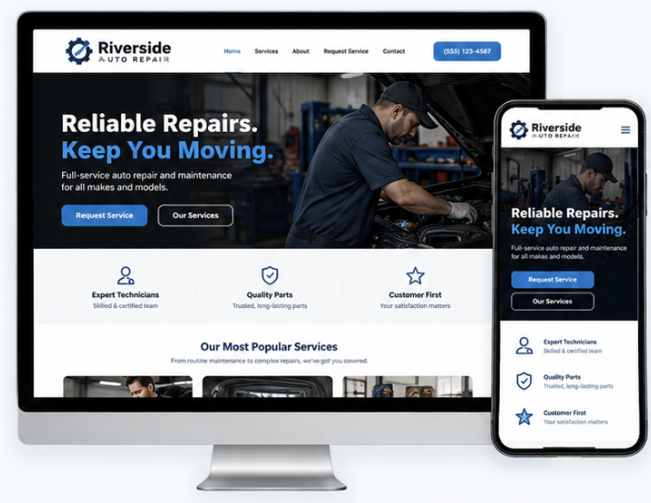 Riverside Auto Repair example shown on a desktop monitor and phone